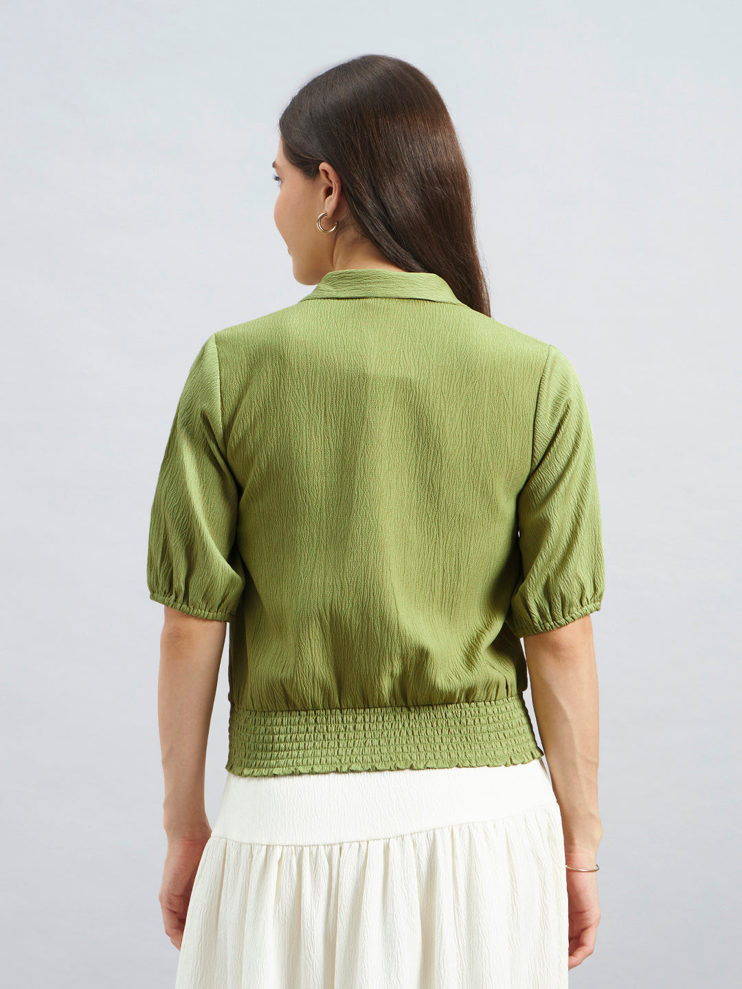 Women’s Poly Lycra Collared Puff Sleeve Smocked Top