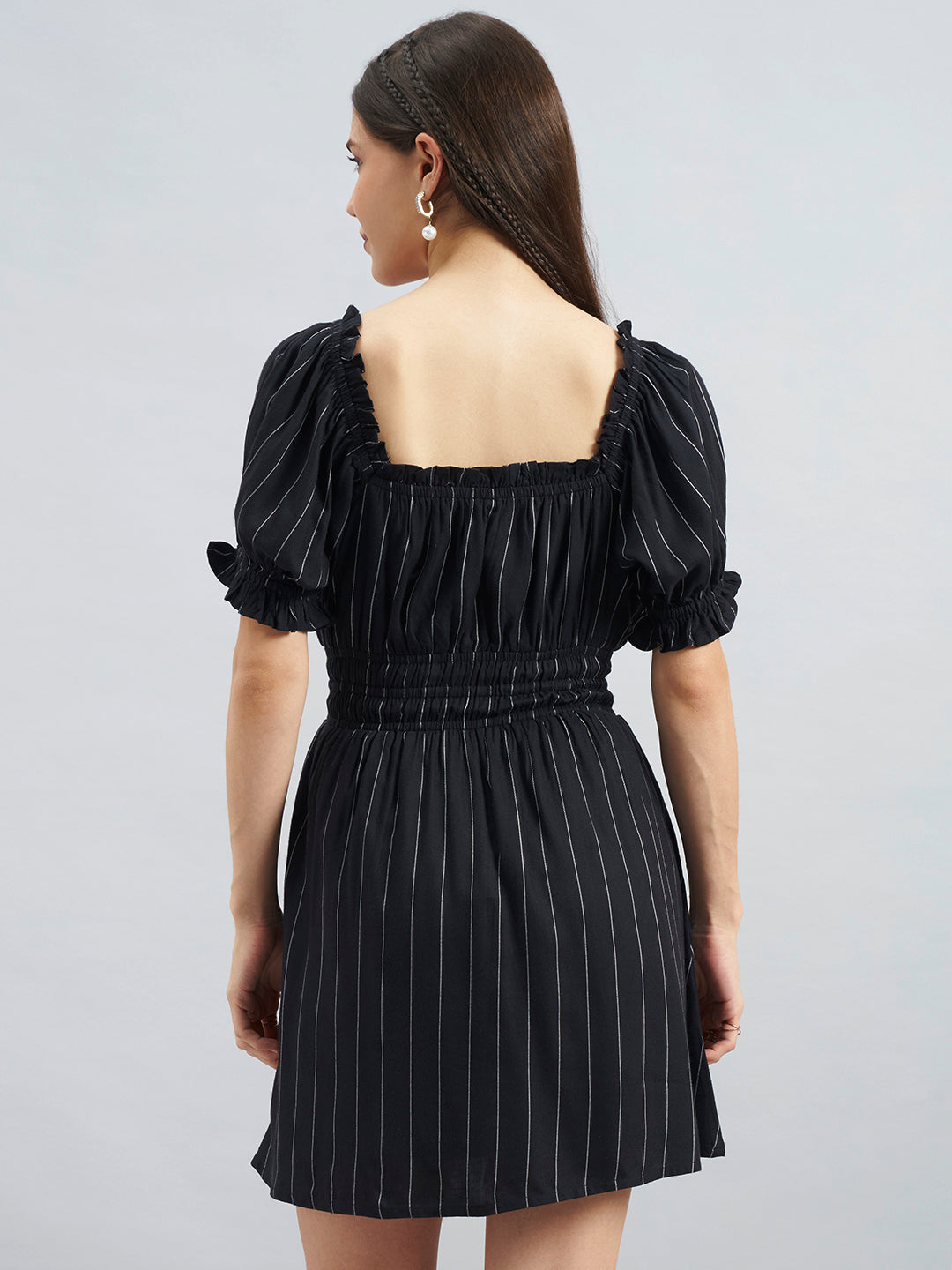 Black Pinstripe Smocked Waist Puff Sleeve Viscose Short Dress