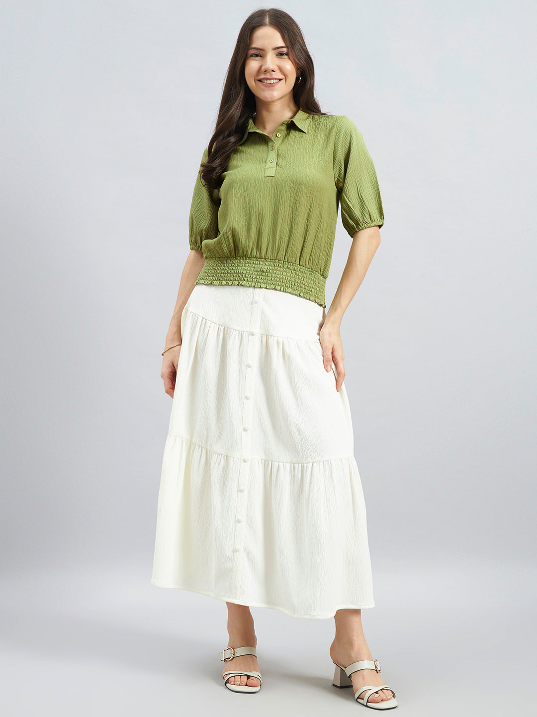 Women’s Poly Lycra Collared Puff Sleeve Smocked Top
