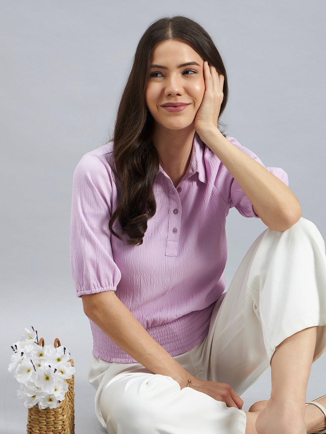 Purple Poly Lycra Collared Puff Sleeve Smocked Top