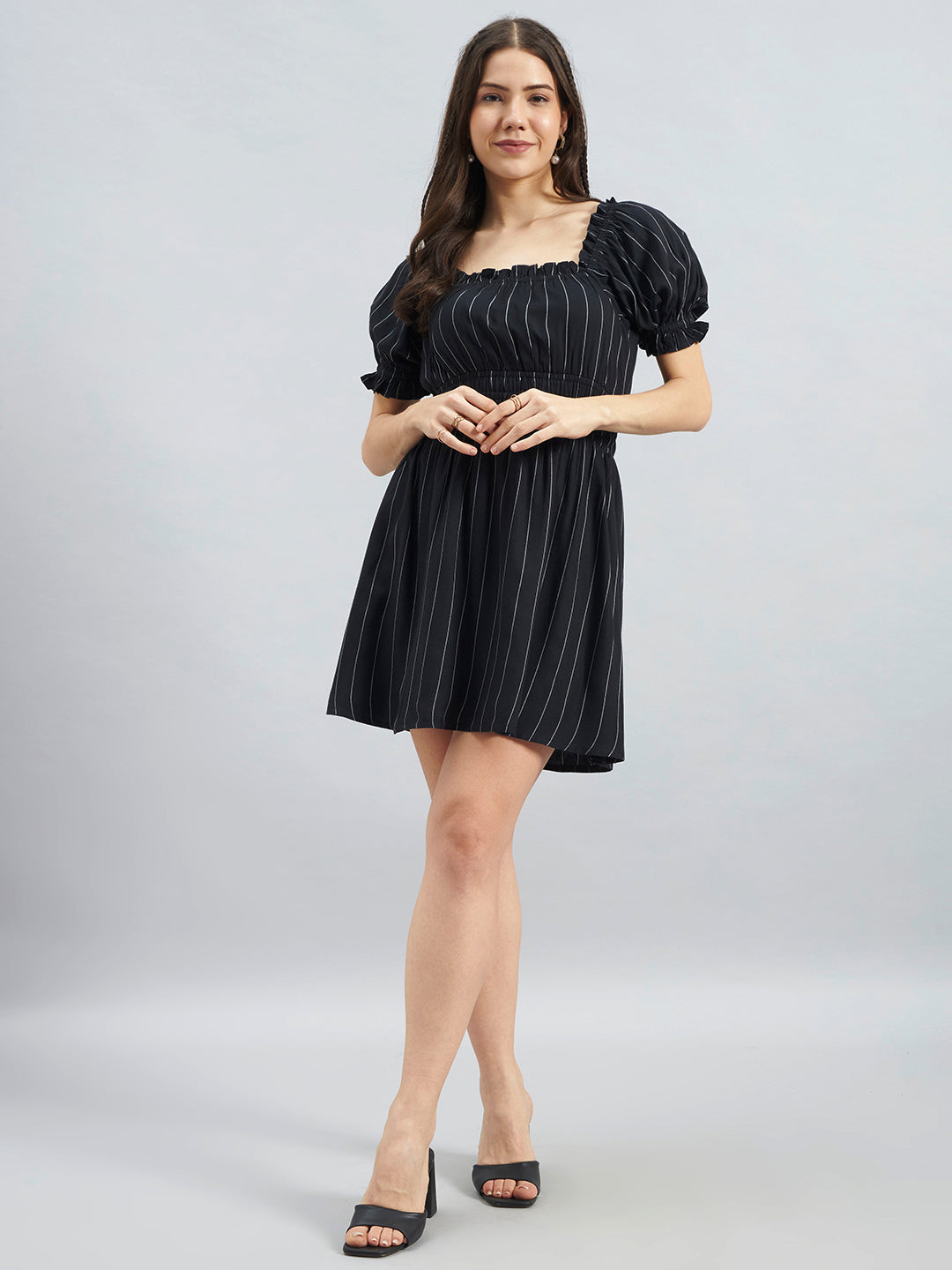 Black Pinstripe Smocked Waist Puff Sleeve Viscose Short Dress
