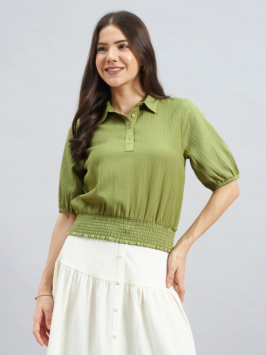 Women’s Poly Lycra Collared Puff Sleeve Smocked Top