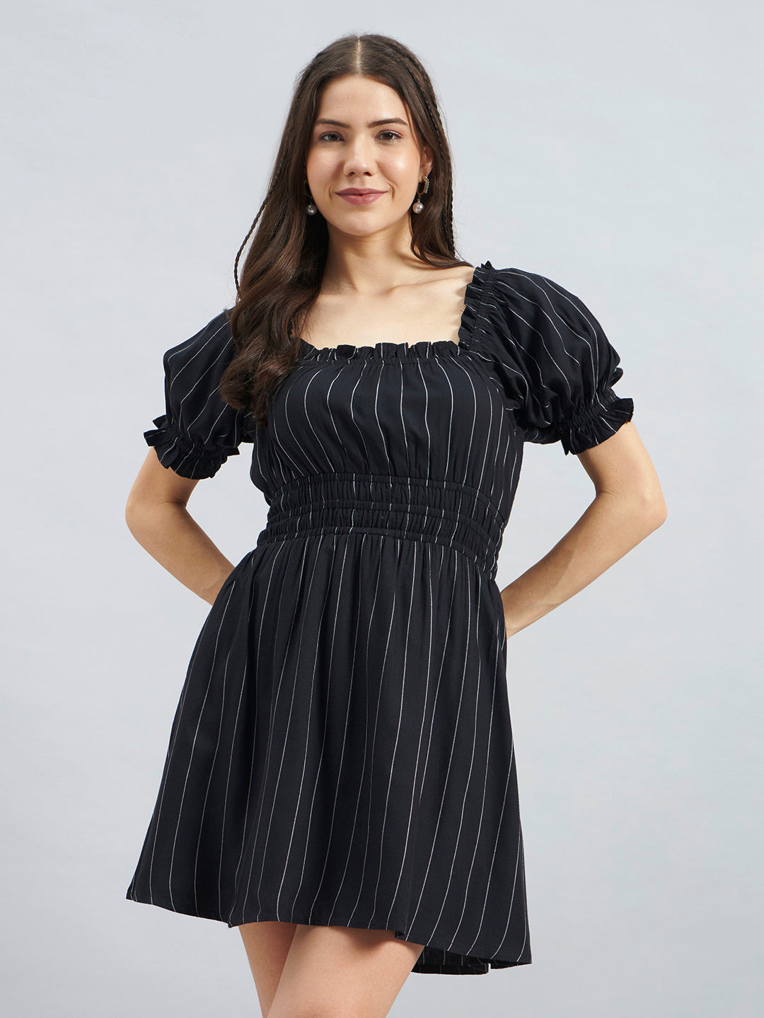 Black Pinstripe Smocked Waist Puff Sleeve Viscose Short Dress