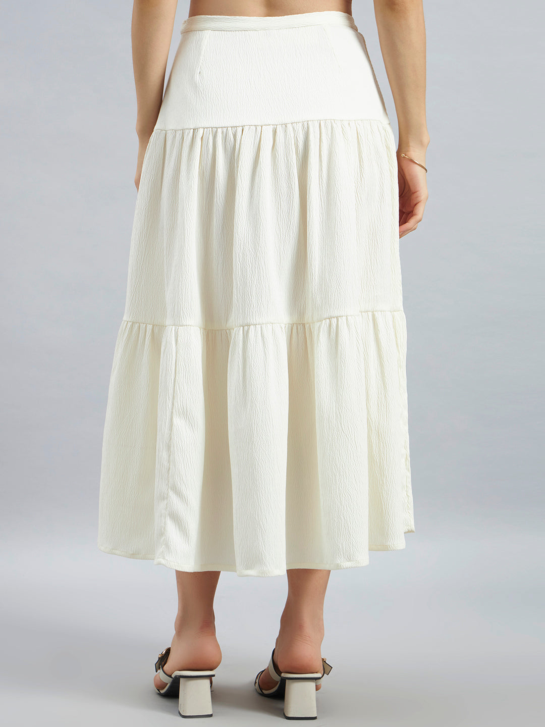 Ivory Solid Poly Lycra Tiered Midi Skirt