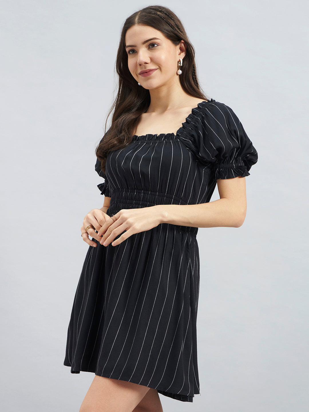 Black Pinstripe Smocked Waist Puff Sleeve Viscose Short Dress