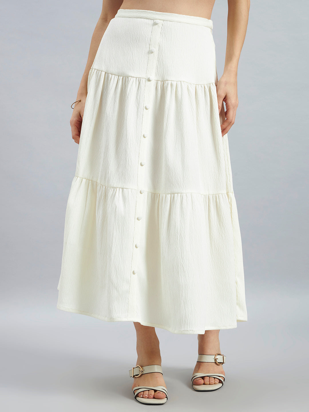 Ivory Solid Poly Lycra Tiered Midi Skirt