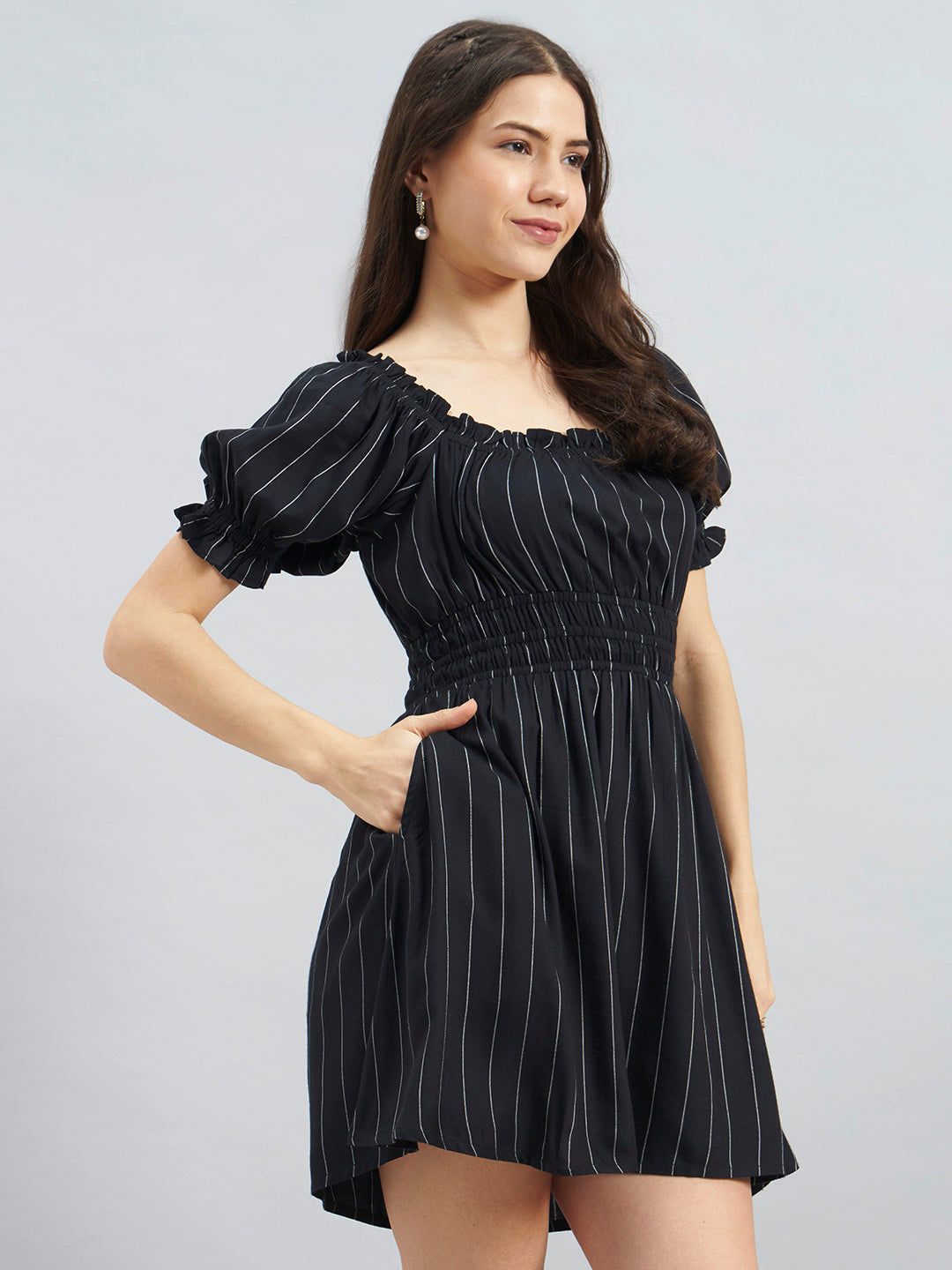 Black Pinstripe Smocked Waist Puff Sleeve Viscose Short Dress
