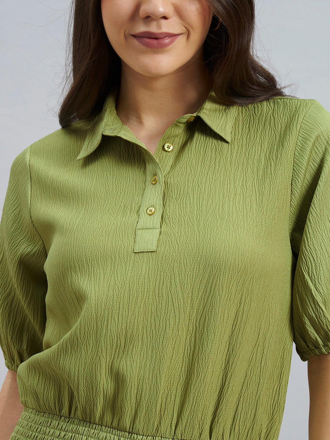 Women’s Poly Lycra Collared Puff Sleeve Smocked Top