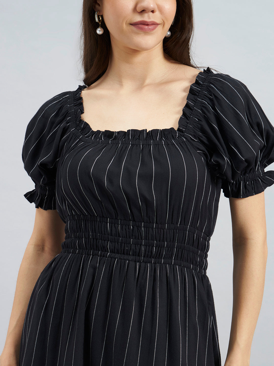 Black Pinstripe Smocked Waist Puff Sleeve Viscose Short Dress