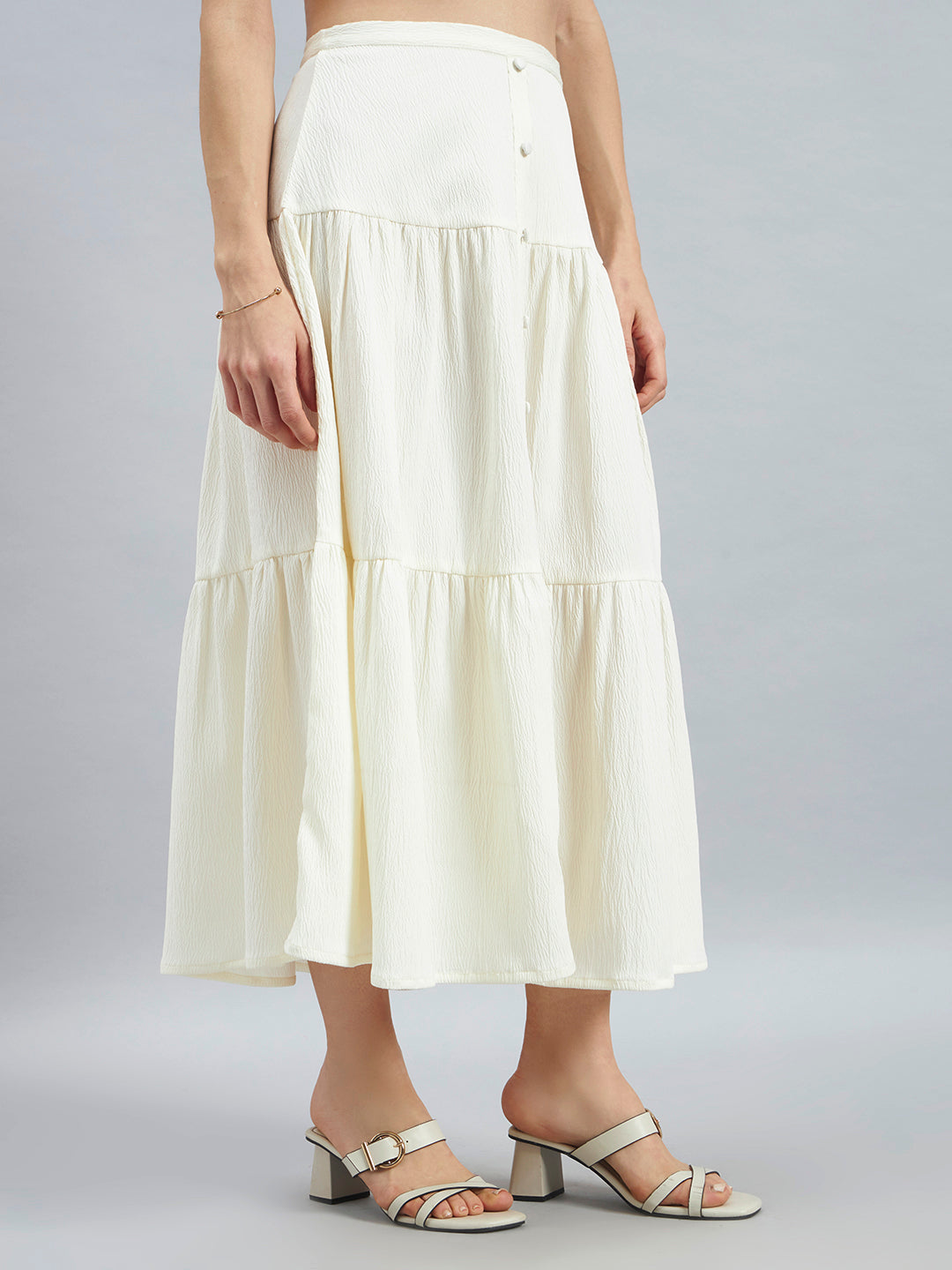 Ivory Solid Poly Lycra Tiered Midi Skirt