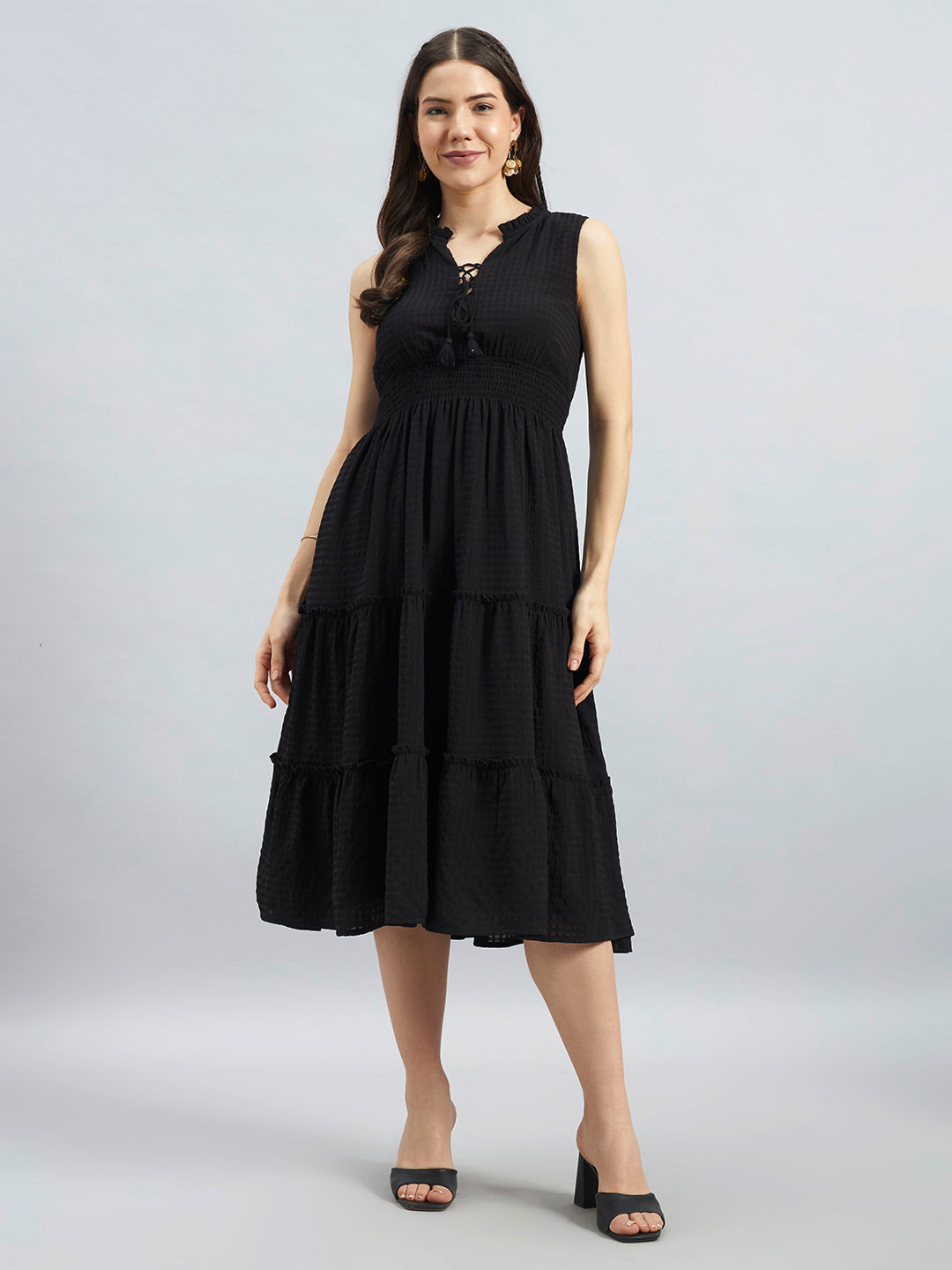 Black Solid Poly Lycra Tiered Sleeveless Midi Dress