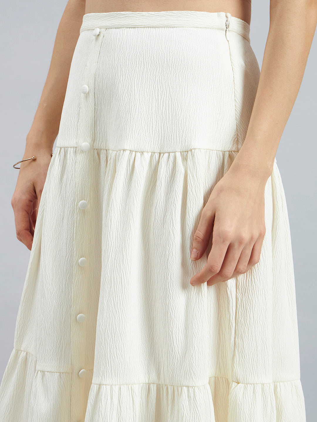 Ivory Solid Poly Lycra Tiered Midi Skirt