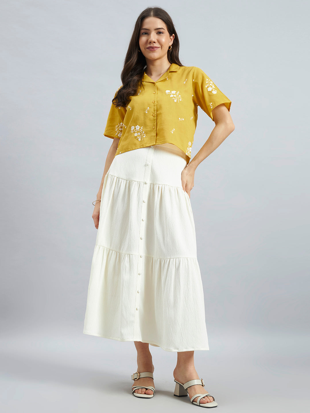 Ivory Solid Poly Lycra Tiered Midi Skirt