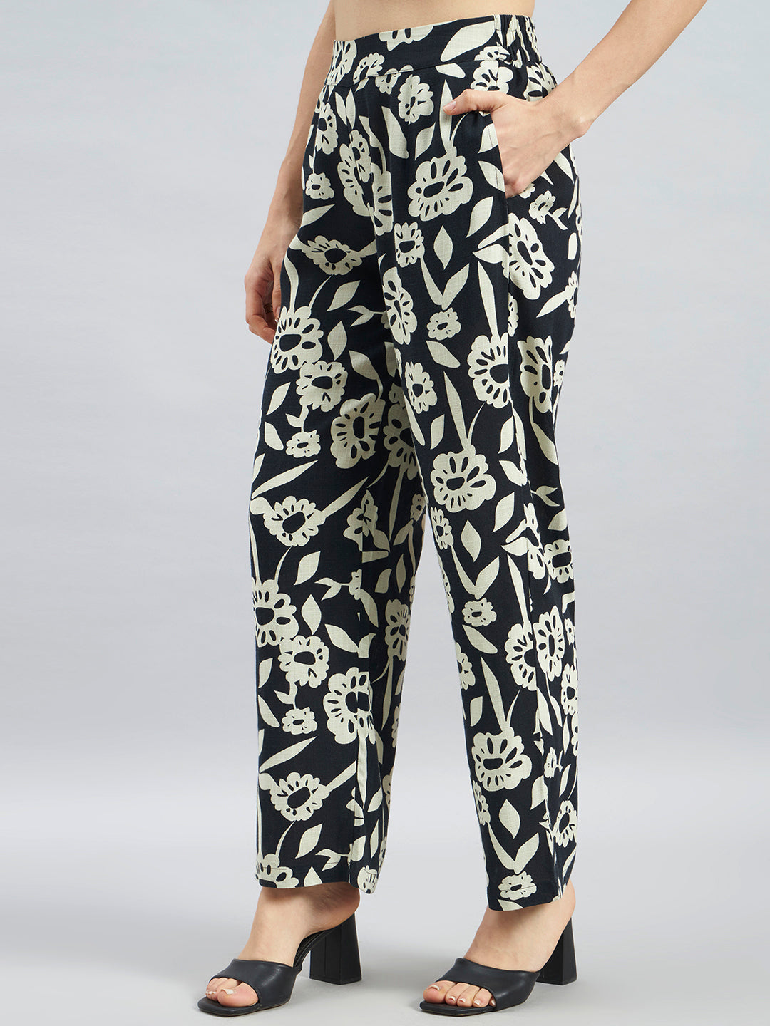 Black Mono Floral Printed Cotton Flax Co-ord Set