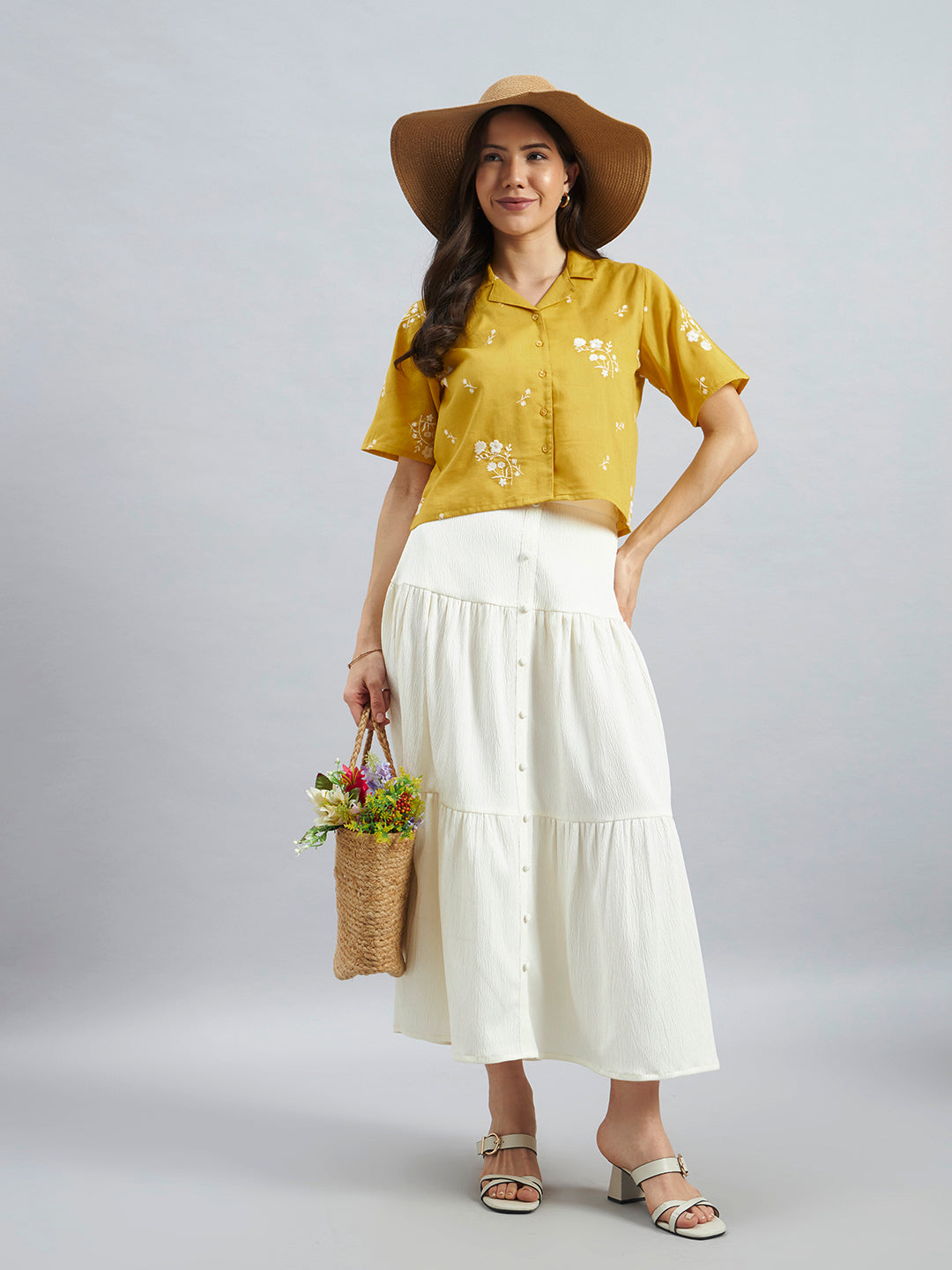 Ivory Solid Poly Lycra Tiered Midi Skirt