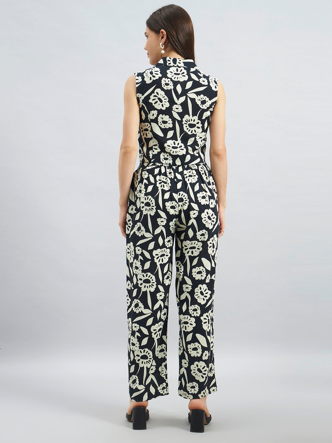 Black Mono Floral Printed Cotton Flax Co-ord Set