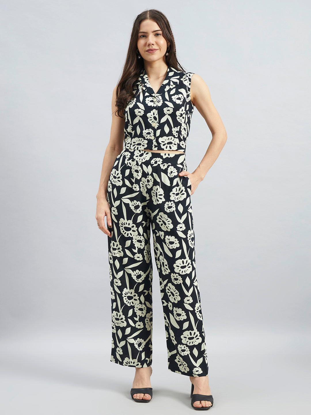 Black Mono Floral Printed Cotton Flax Co-ord Set