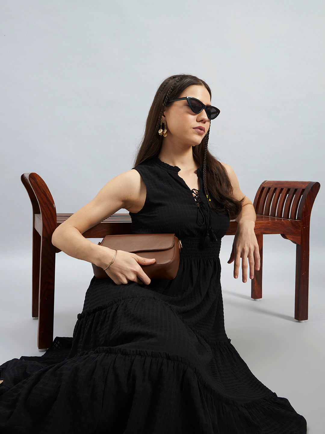 Black Solid Poly Lycra Tiered Sleeveless Midi Dress