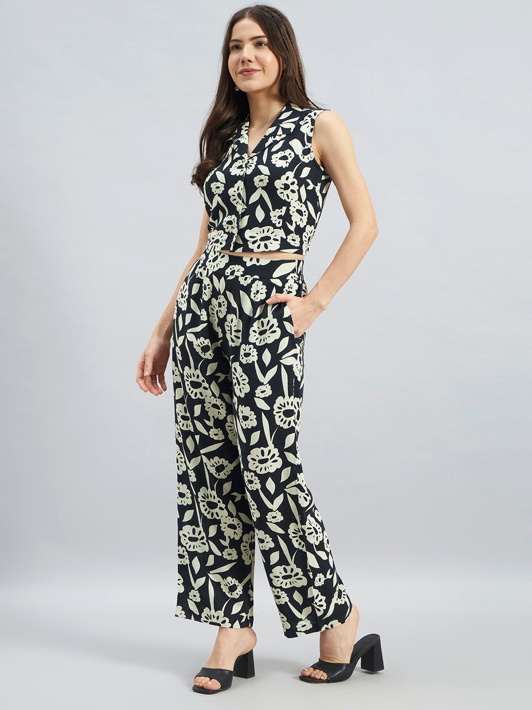 Black Mono Floral Printed Cotton Flax Co-ord Set