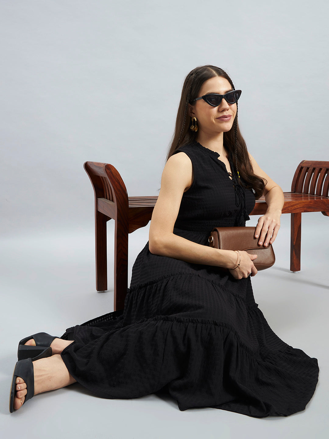 Black Solid Poly Lycra Tiered Sleeveless Midi Dress