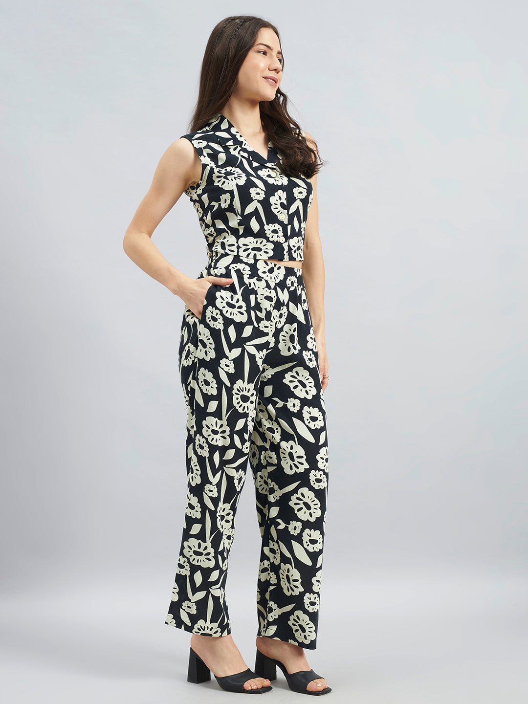 Black Mono Floral Printed Cotton Flax Co-ord Set