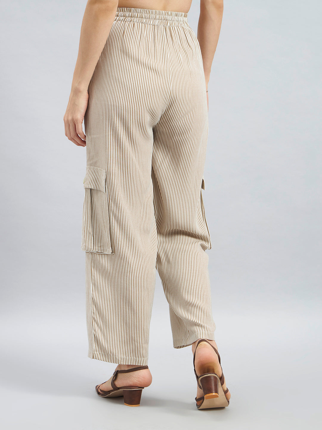 Beige White Pinstripe Viscose Flex Cargo Pants