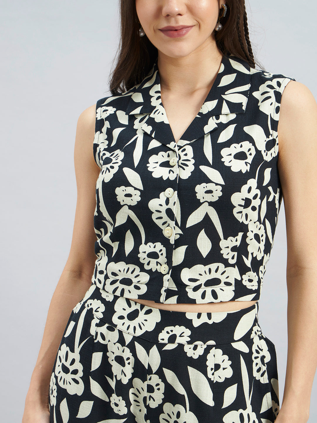 Black Mono Floral Printed Cotton Flax Co-ord Set