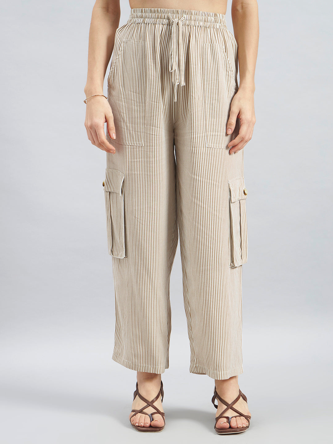 Beige White Pinstripe Viscose Flex Cargo Pants
