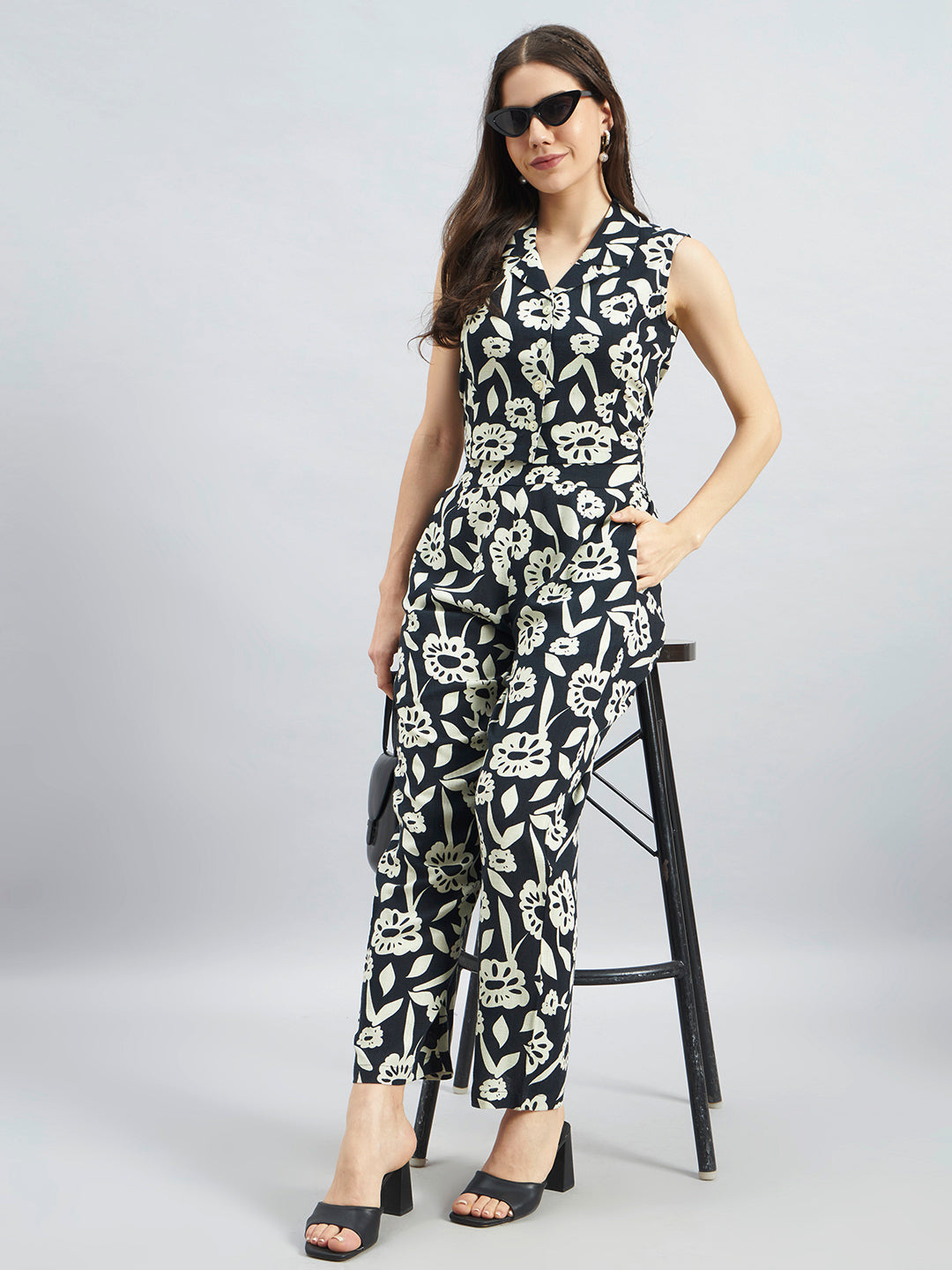 Black Mono Floral Printed Cotton Flax Co-ord Set