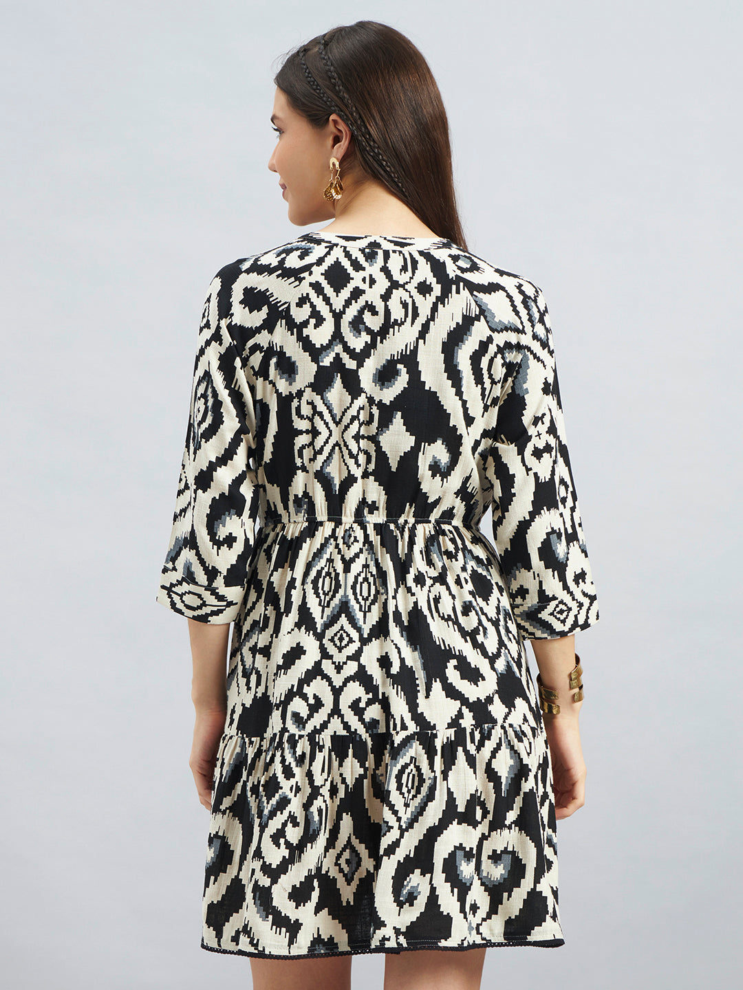 Black & Beige Ikat Print Viscose Flax Tiered Dress