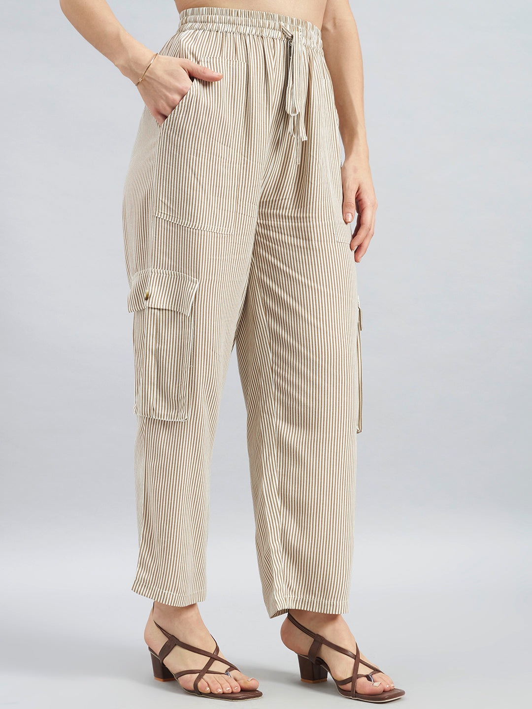 Beige White Pinstripe Viscose Flex Cargo Pants
