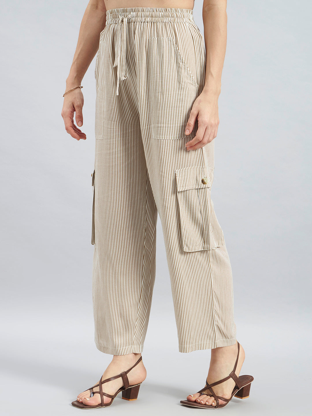 Beige White Pinstripe Viscose Flex Cargo Pants