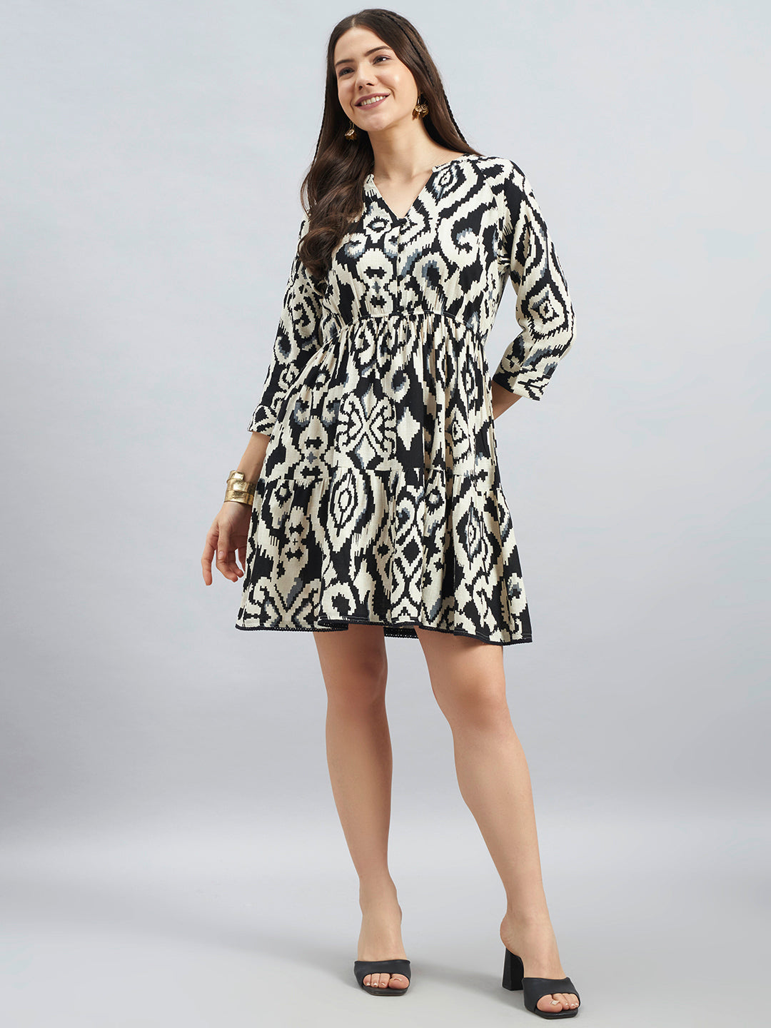 Black & Beige Ikat Print Viscose Flax Tiered Dress
