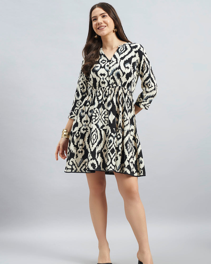 Black & Beige Ikat Print Viscose Flax Tiered Dress