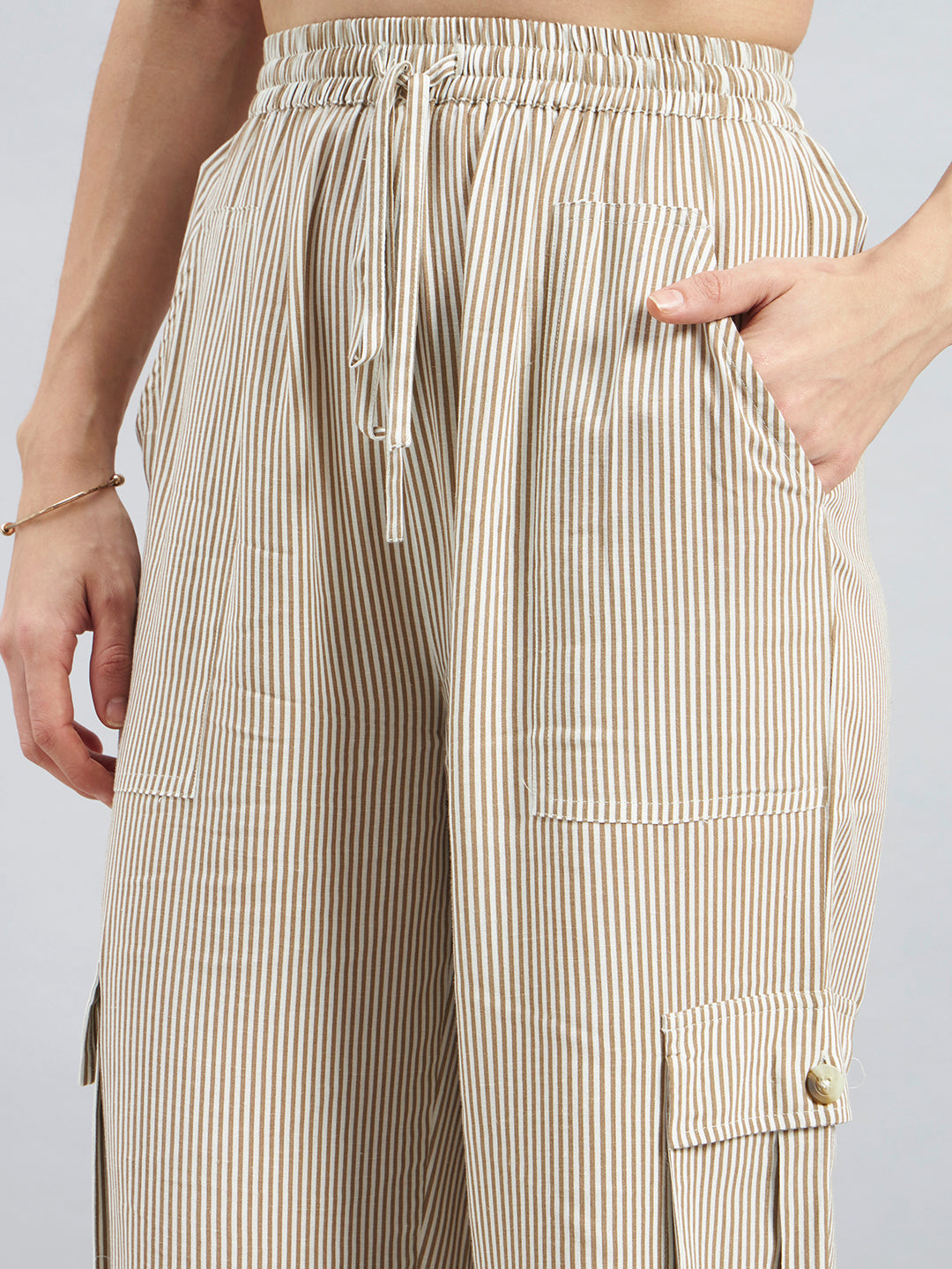 Beige White Pinstripe Viscose Flex Cargo Pants