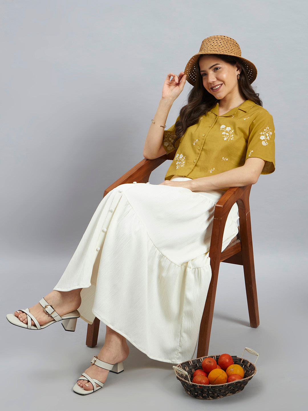 Mustard Floral Embroidered Cotton Flax Shirt Top