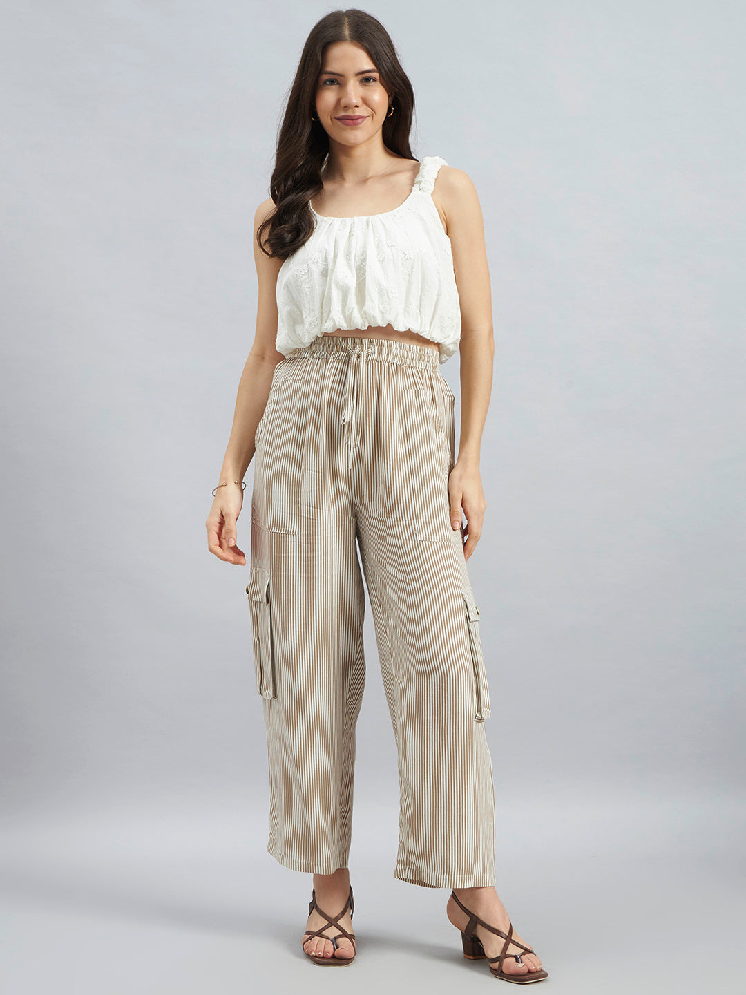 Beige White Pinstripe Viscose Flex Cargo Pants
