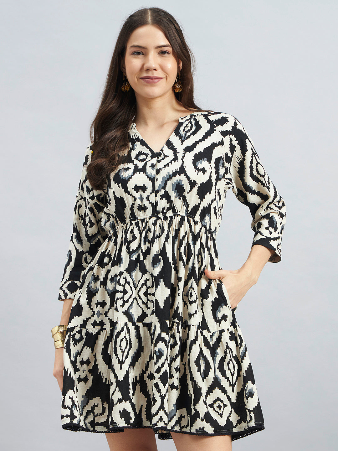 Black & Beige Ikat Print Viscose Flax Tiered Dress