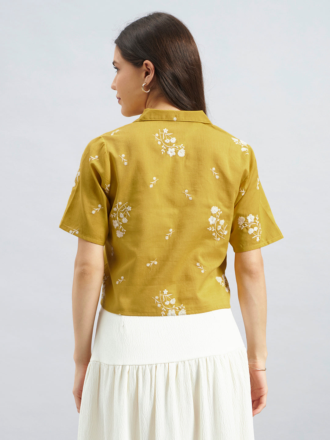 Mustard Floral Embroidered Cotton Flax Shirt Top