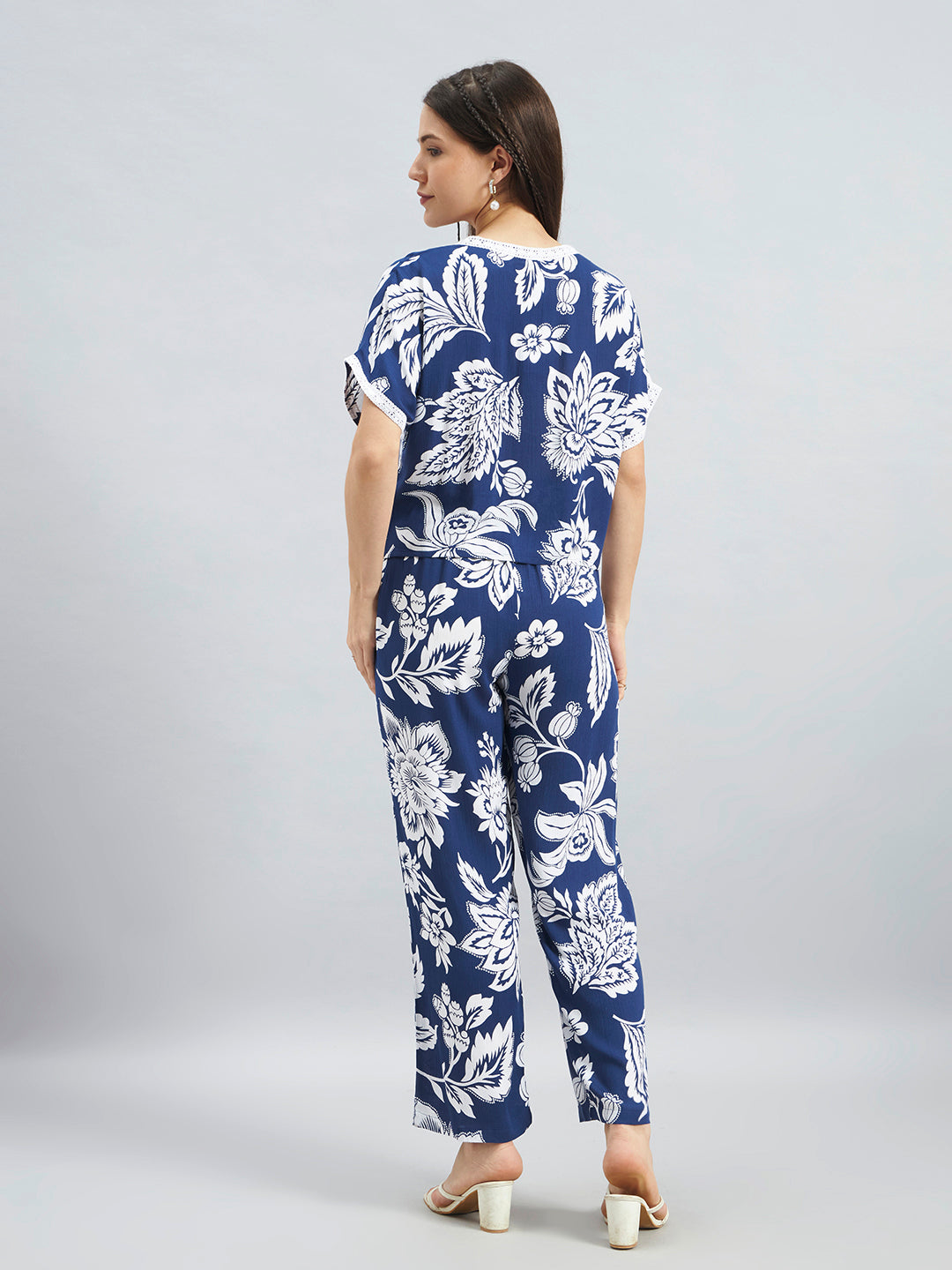 Navy Floral Viscose Flex Co-Ord Set With Relaxed Fit