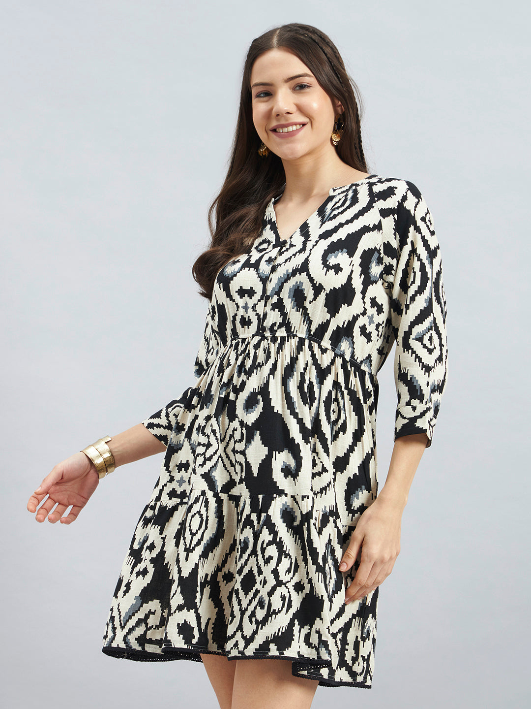 Black & Beige Ikat Print Viscose Flax Tiered Dress