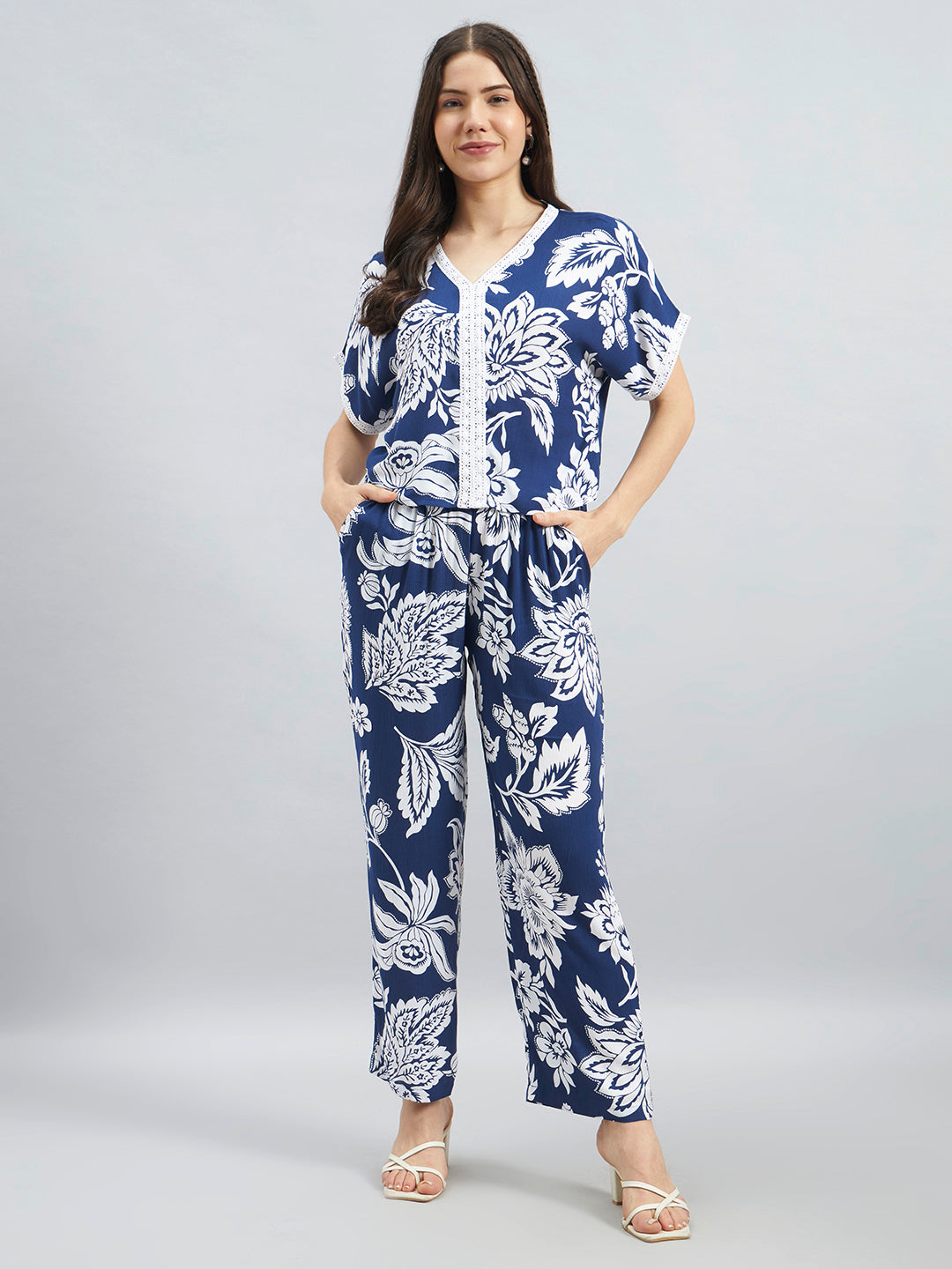Navy Floral Viscose Flex Co-Ord Set With Relaxed Fit