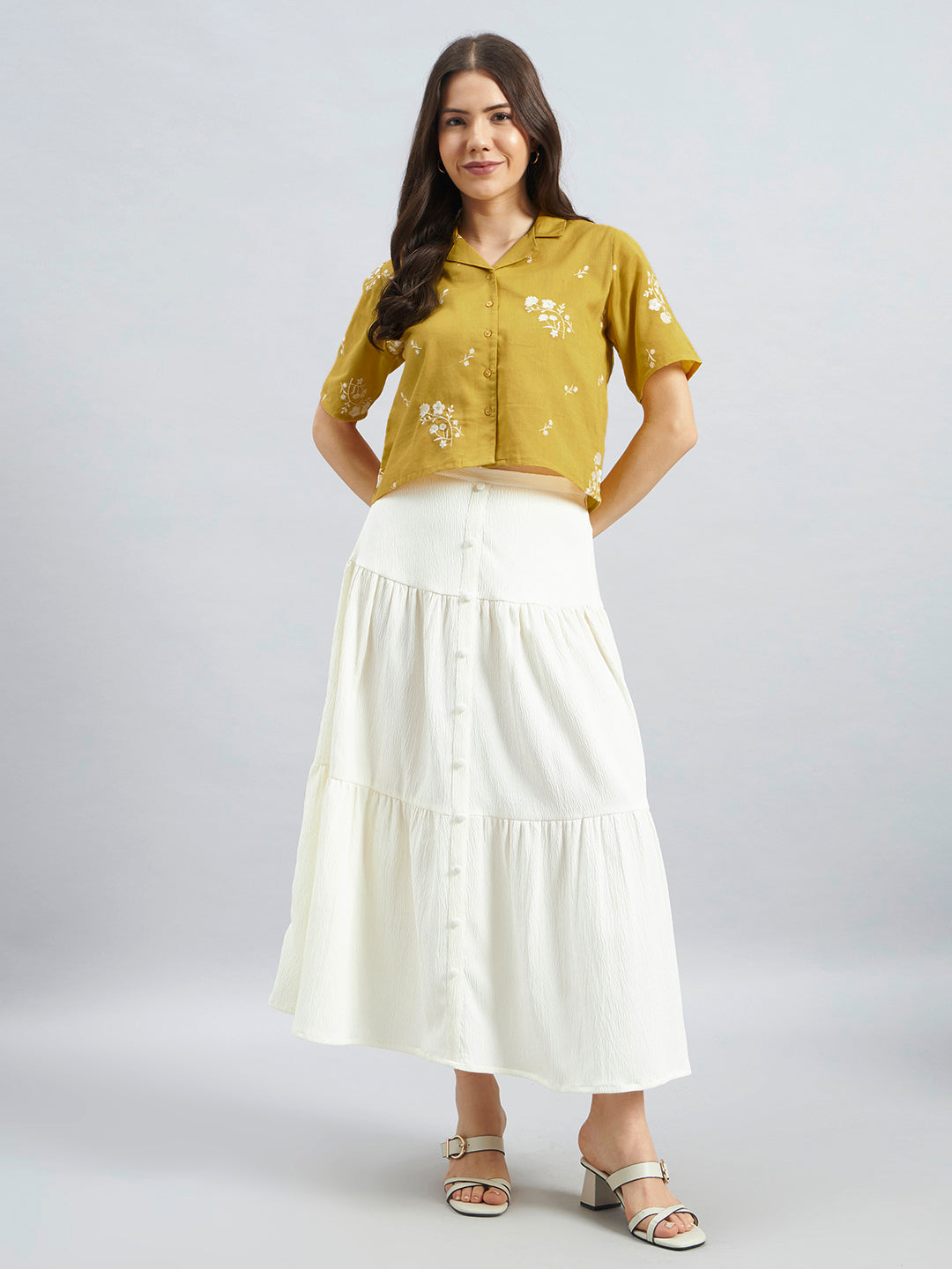 Mustard Floral Embroidered Cotton Flax Shirt Top