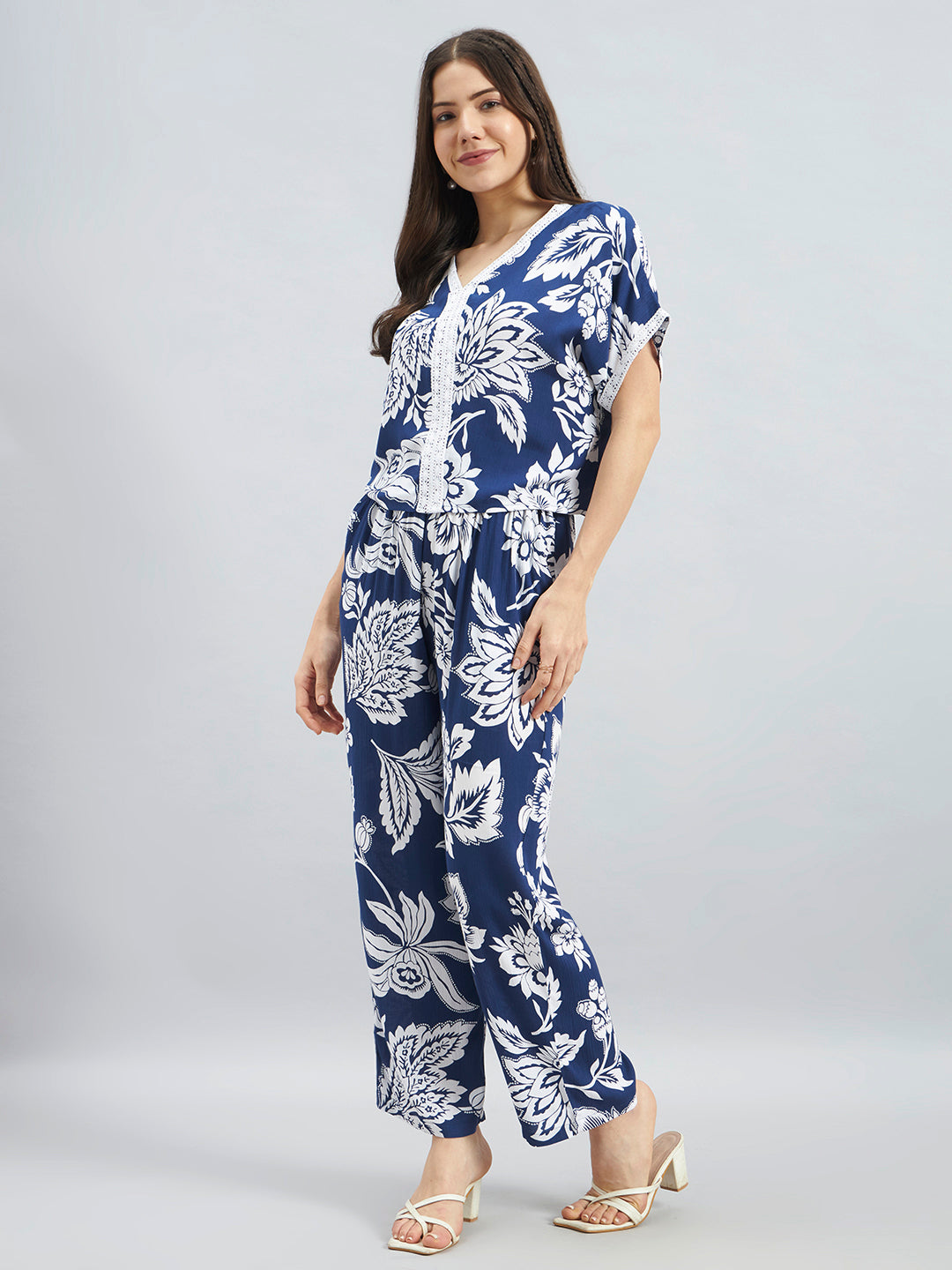 Navy Floral Viscose Flex Co-Ord Set With Relaxed Fit