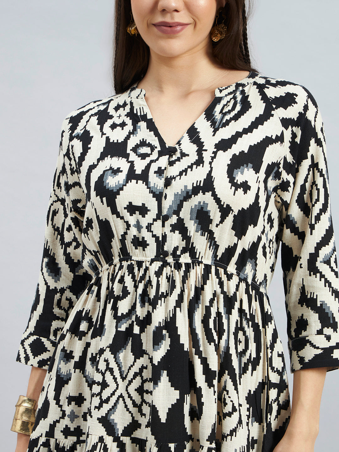 Black & Beige Ikat Print Viscose Flax Tiered Dress