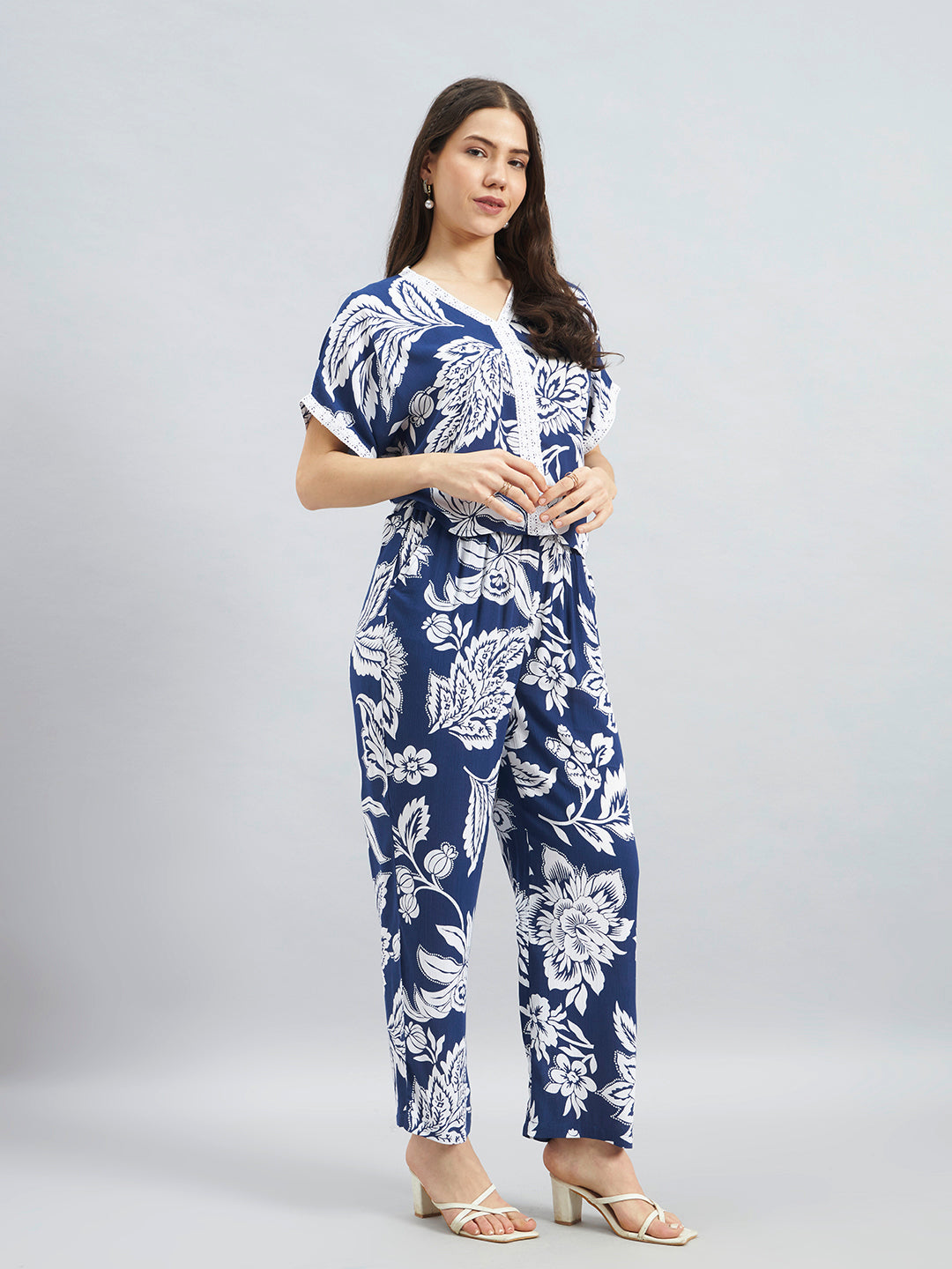 Navy Floral Viscose Flex Co-Ord Set With Relaxed Fit