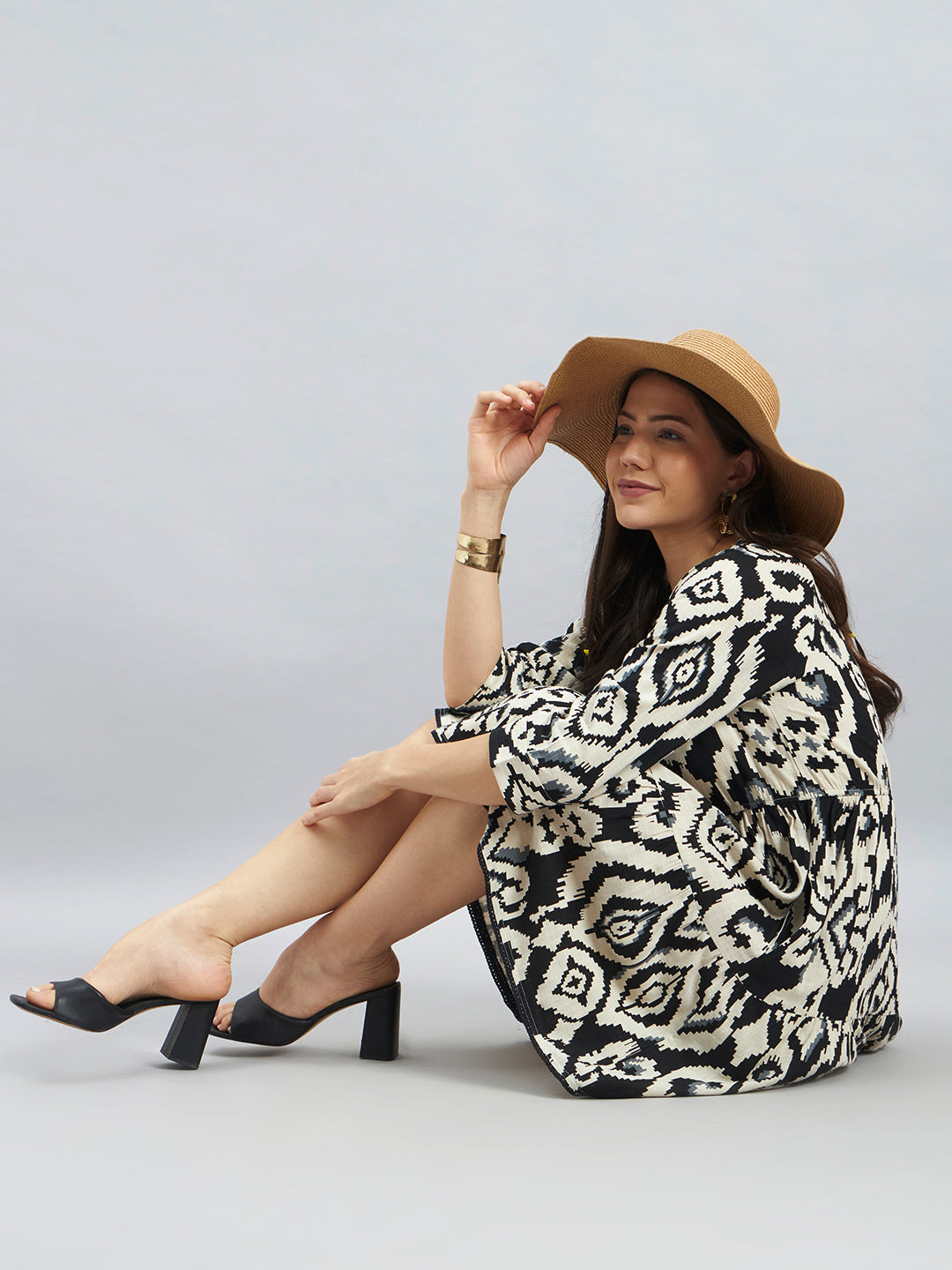 Black & Beige Ikat Print Viscose Flax Tiered Dress