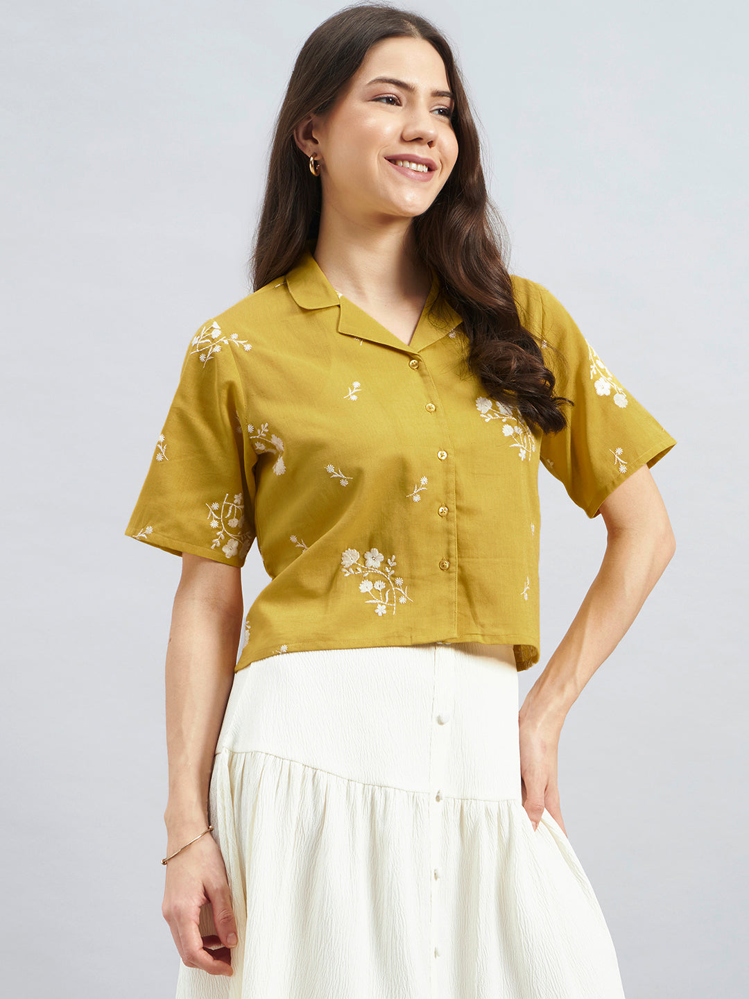 Mustard Floral Embroidered Cotton Flax Shirt Top