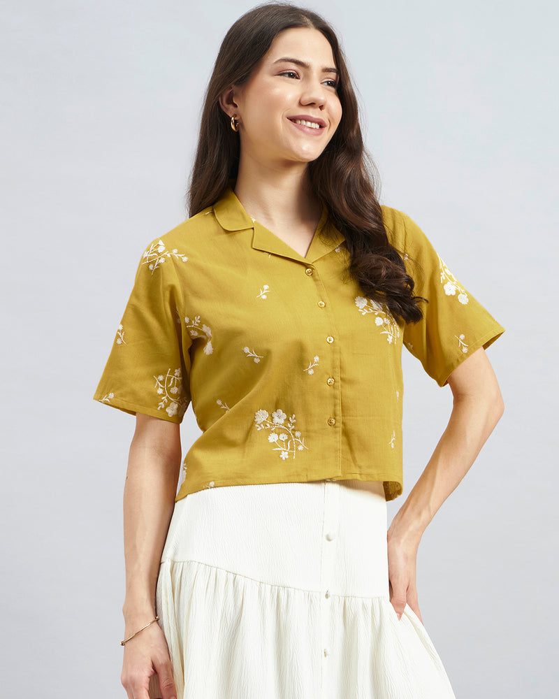 Mustard Floral Embroidered Cotton Flax Shirt Top