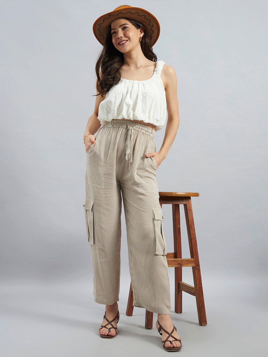 Beige White Pinstripe Viscose Flex Cargo Pants